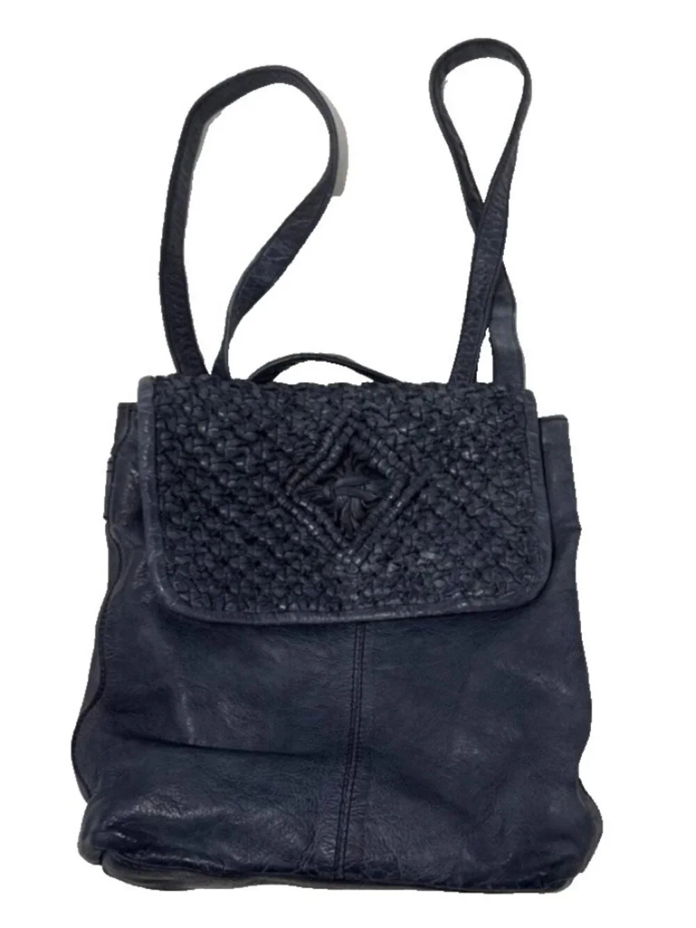 Frye and Co Blue Esme Leather Backpack Purse Braided Leather Flap Adjustable